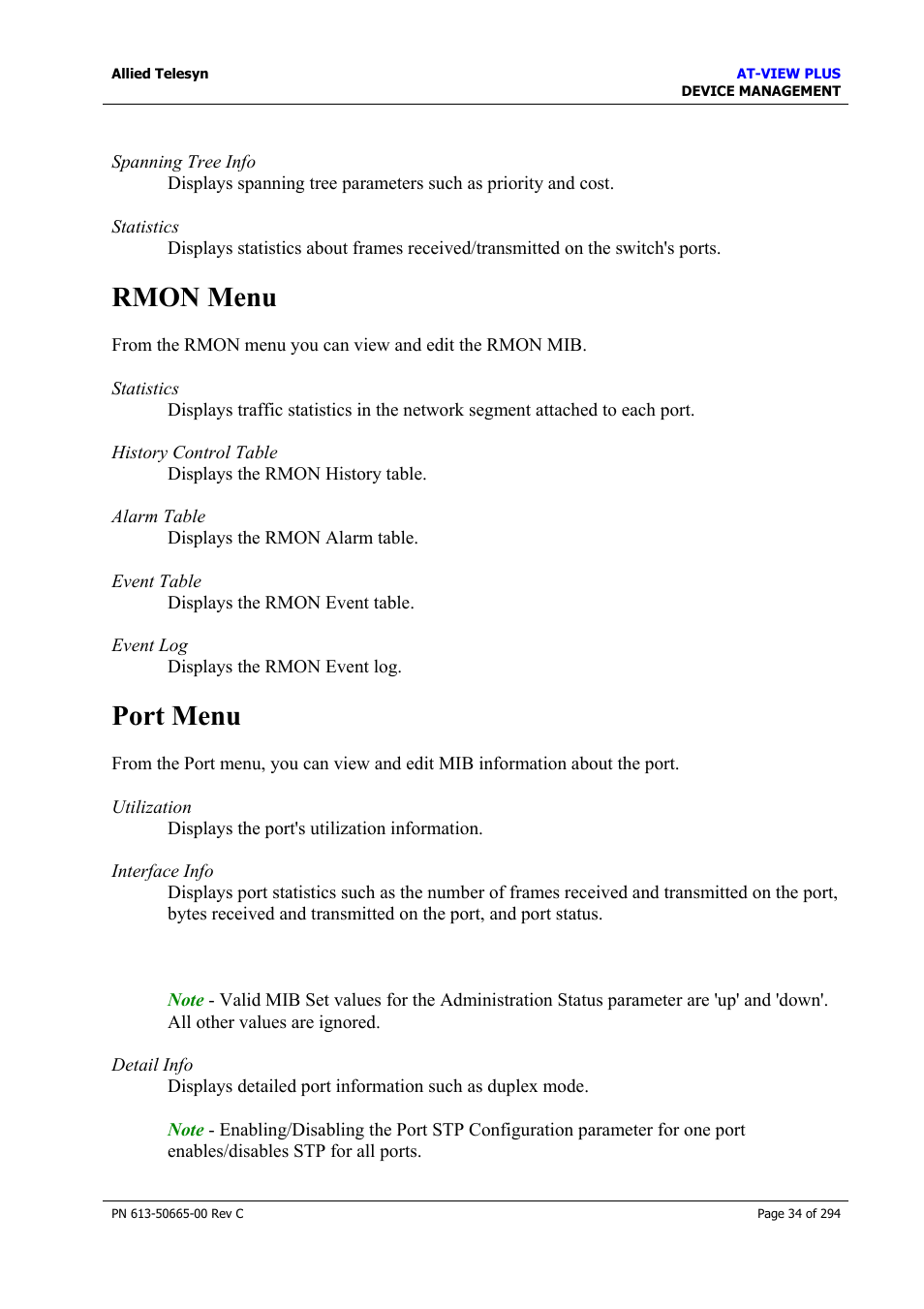 Rmon menu, Port menu, Rmon menu port menu | Allied Telesis AT-VIEW PLUS 3.2 DEVICE MANAGEMENT User Manual | Page 34 / 294