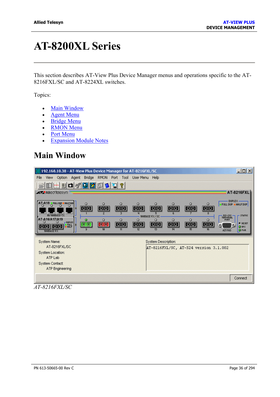 At-8200xl series, Main window | Allied Telesis AT-VIEW PLUS 3.2 DEVICE MANAGEMENT User Manual | Page 36 / 294