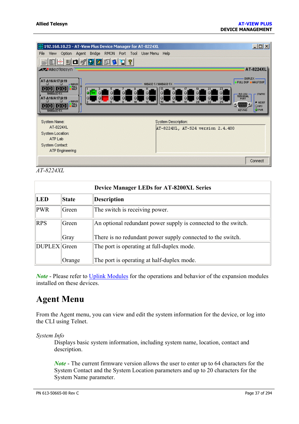 Agent menu | Allied Telesis AT-VIEW PLUS 3.2 DEVICE MANAGEMENT User Manual | Page 37 / 294