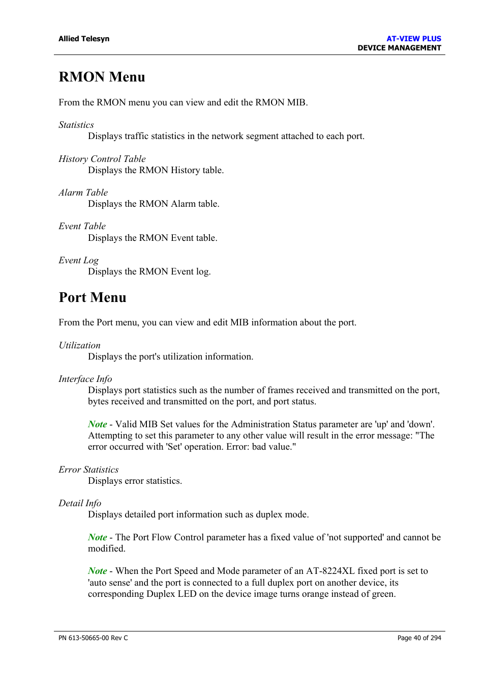 Rmon menu, Port menu, Rmon menu port menu | Allied Telesis AT-VIEW PLUS 3.2 DEVICE MANAGEMENT User Manual | Page 40 / 294