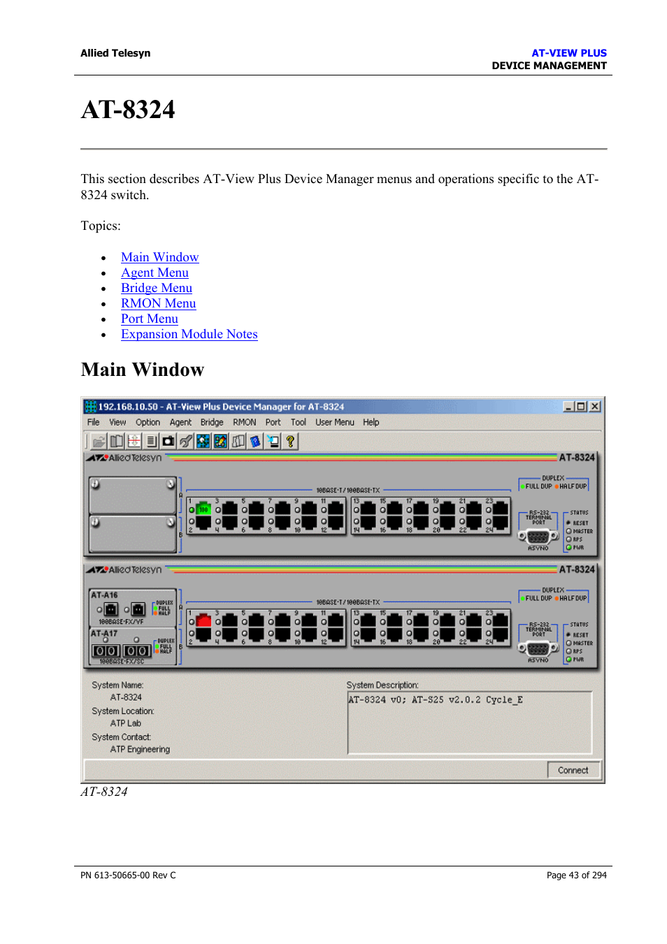 At-8324, Main window | Allied Telesis AT-VIEW PLUS 3.2 DEVICE MANAGEMENT User Manual | Page 43 / 294