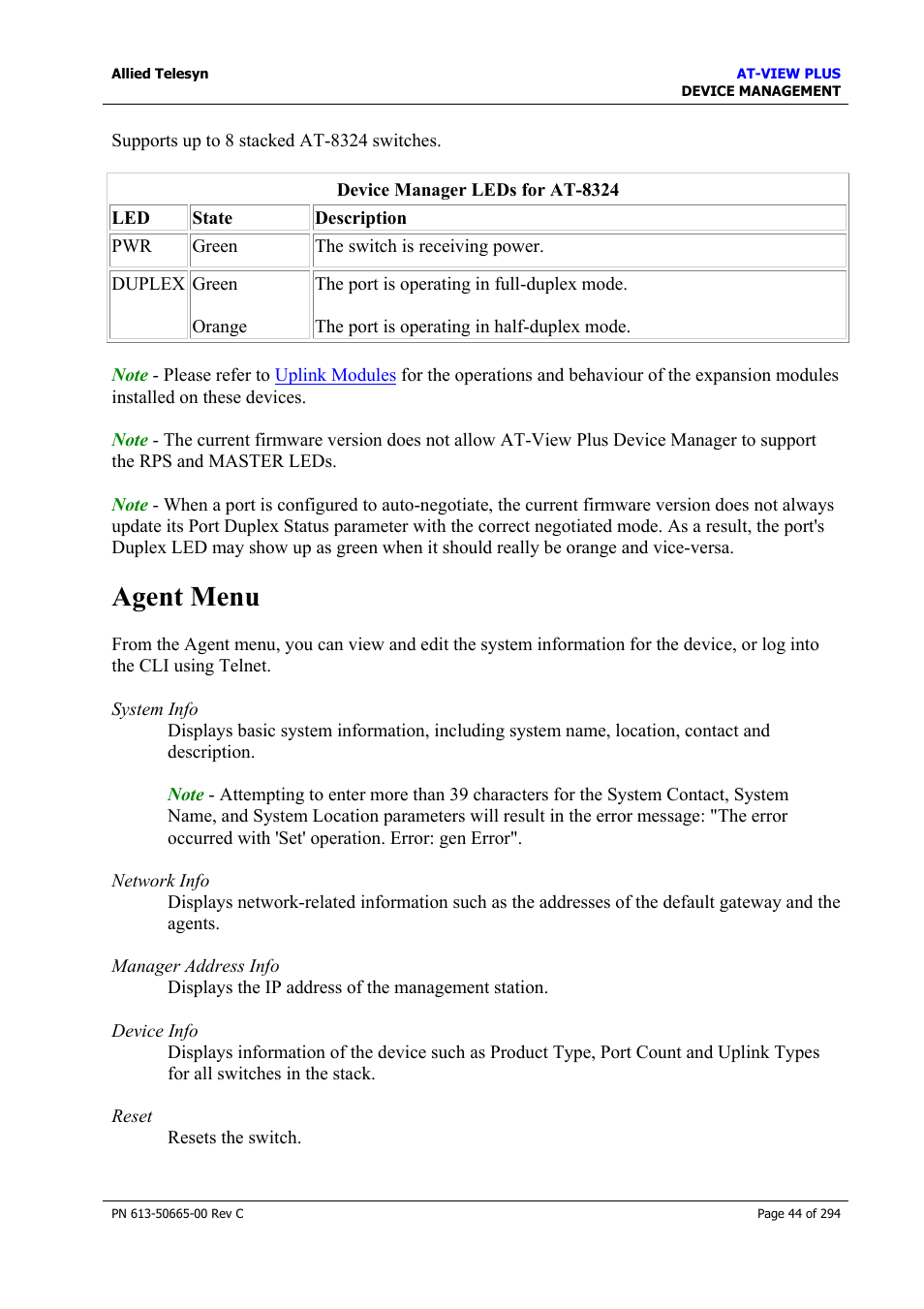 Agent menu | Allied Telesis AT-VIEW PLUS 3.2 DEVICE MANAGEMENT User Manual | Page 44 / 294