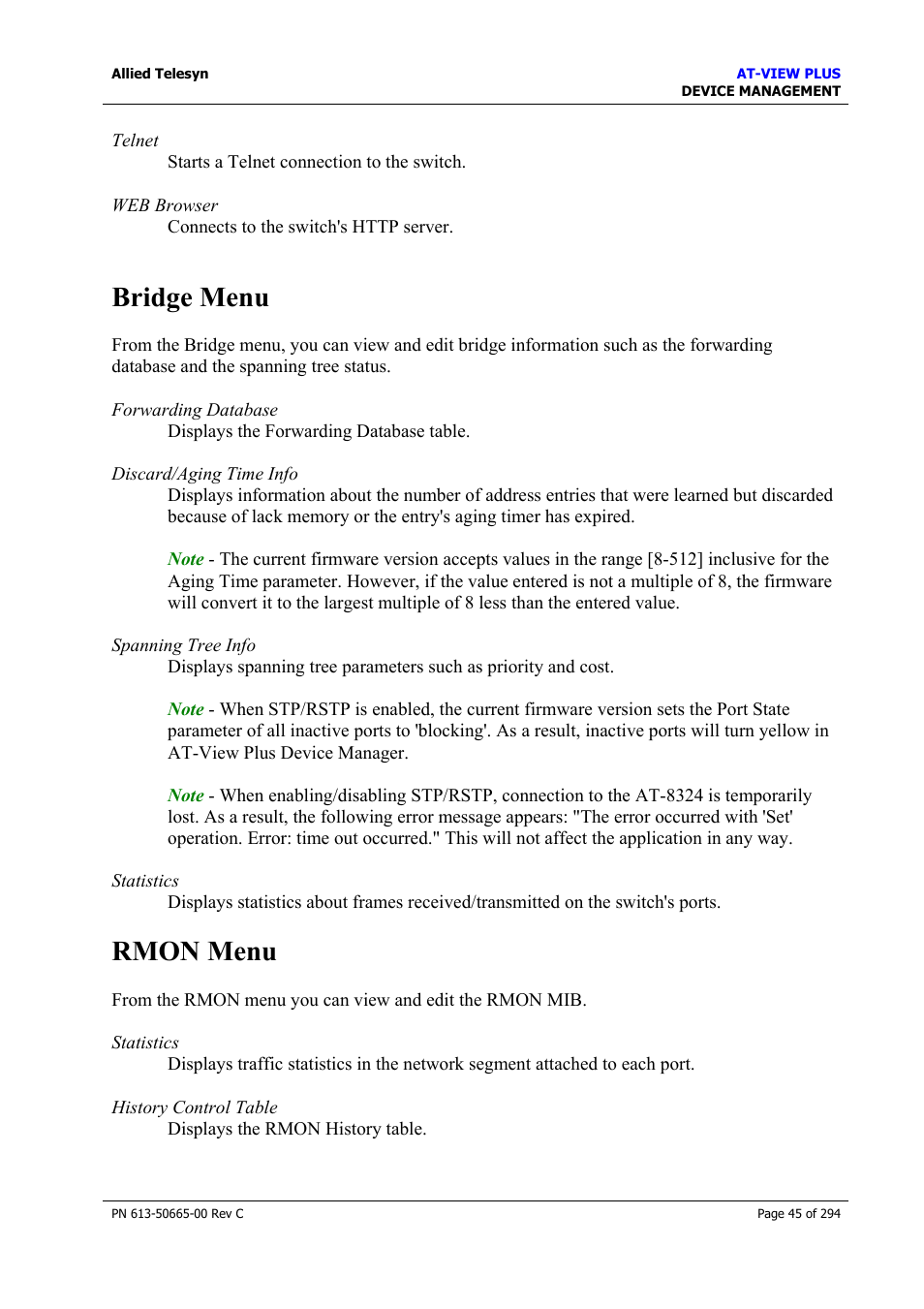 Bridge menu, Rmon menu, Bridge menu rmon menu | Allied Telesis AT-VIEW PLUS 3.2 DEVICE MANAGEMENT User Manual | Page 45 / 294