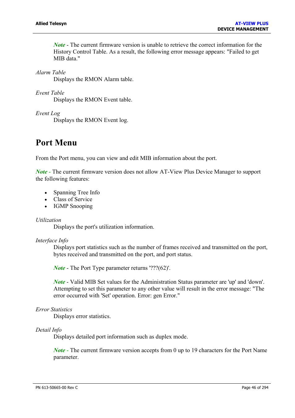 Port menu | Allied Telesis AT-VIEW PLUS 3.2 DEVICE MANAGEMENT User Manual | Page 46 / 294