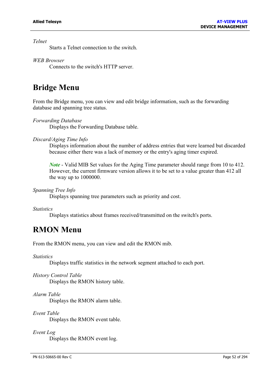 Bridge menu, Rmon menu | Allied Telesis AT-VIEW PLUS 3.2 DEVICE MANAGEMENT User Manual | Page 52 / 294