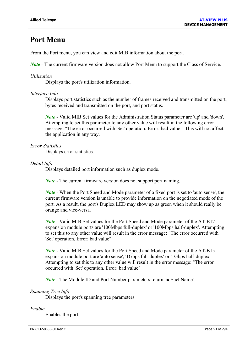 Port menu | Allied Telesis AT-VIEW PLUS 3.2 DEVICE MANAGEMENT User Manual | Page 53 / 294