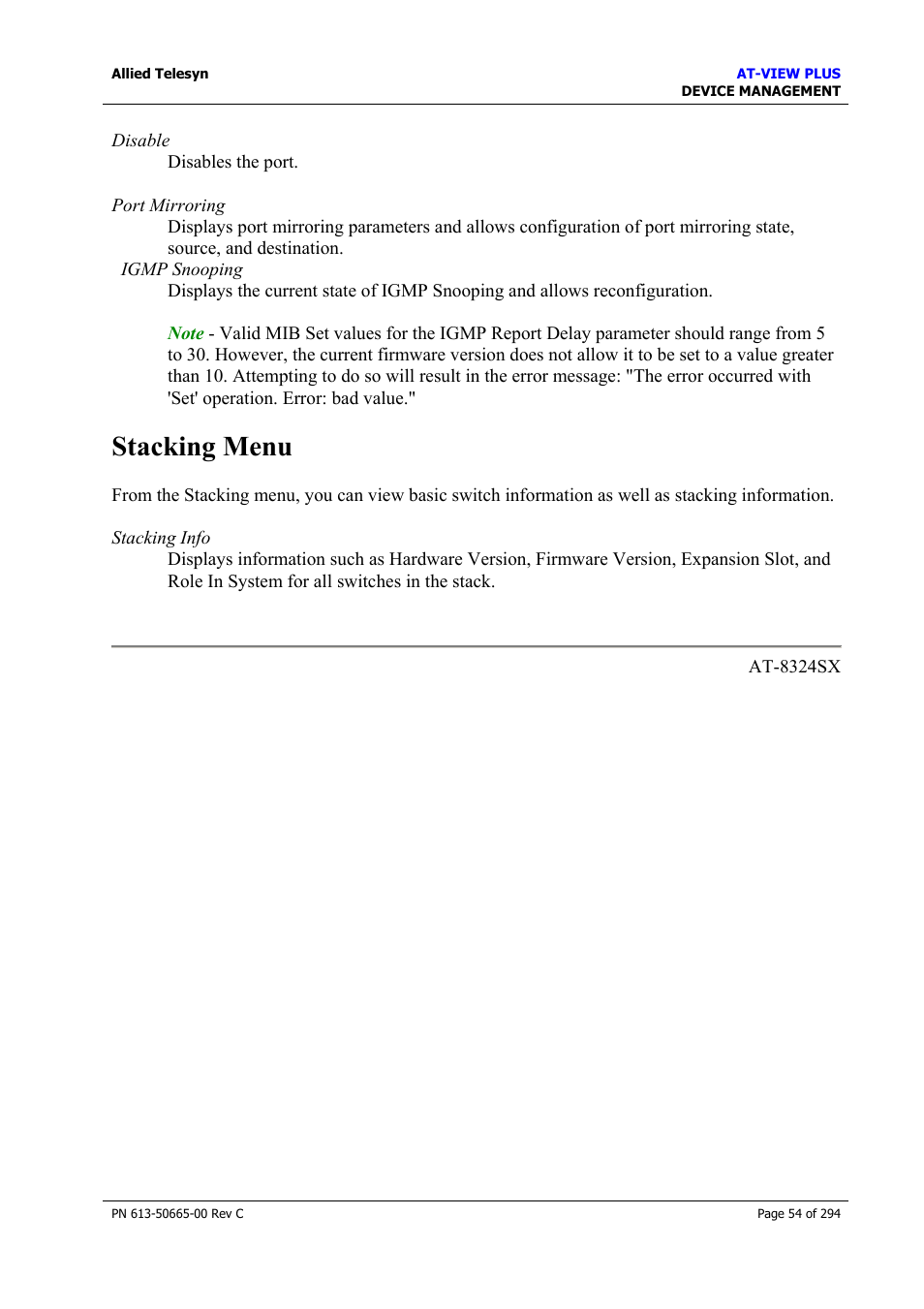 Stacking menu | Allied Telesis AT-VIEW PLUS 3.2 DEVICE MANAGEMENT User Manual | Page 54 / 294