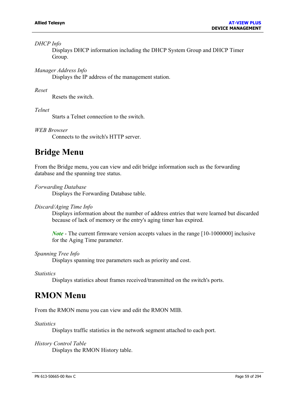 Bridge menu, Rmon menu, Bridge menu rmon menu | Allied Telesis AT-VIEW PLUS 3.2 DEVICE MANAGEMENT User Manual | Page 59 / 294