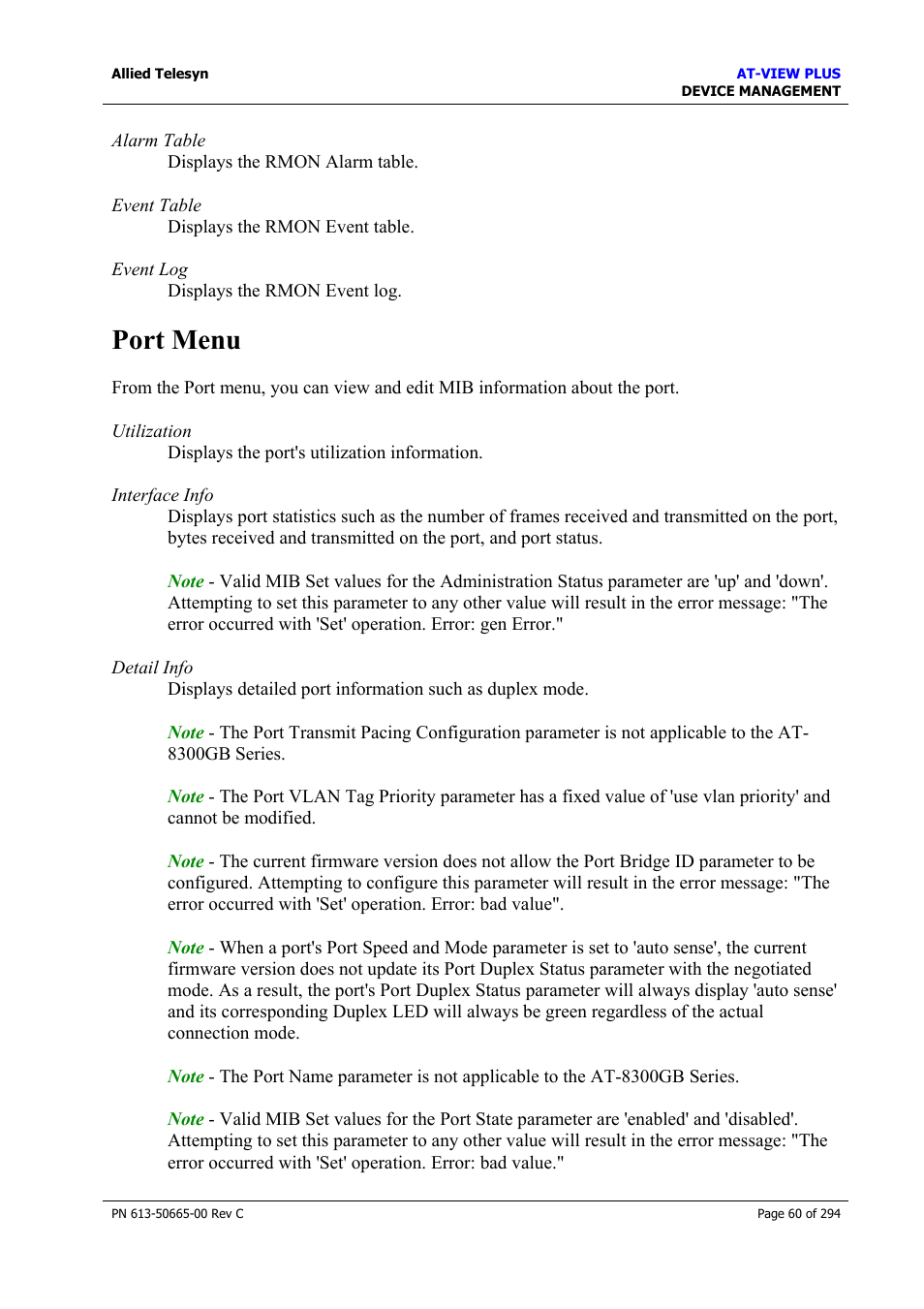 Port menu | Allied Telesis AT-VIEW PLUS 3.2 DEVICE MANAGEMENT User Manual | Page 60 / 294