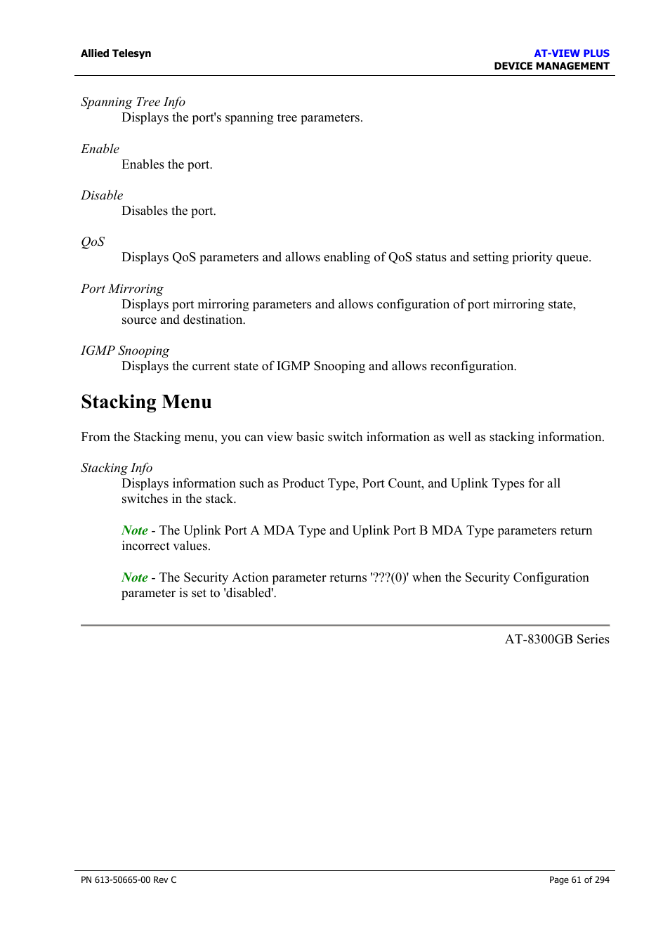 Stacking menu | Allied Telesis AT-VIEW PLUS 3.2 DEVICE MANAGEMENT User Manual | Page 61 / 294