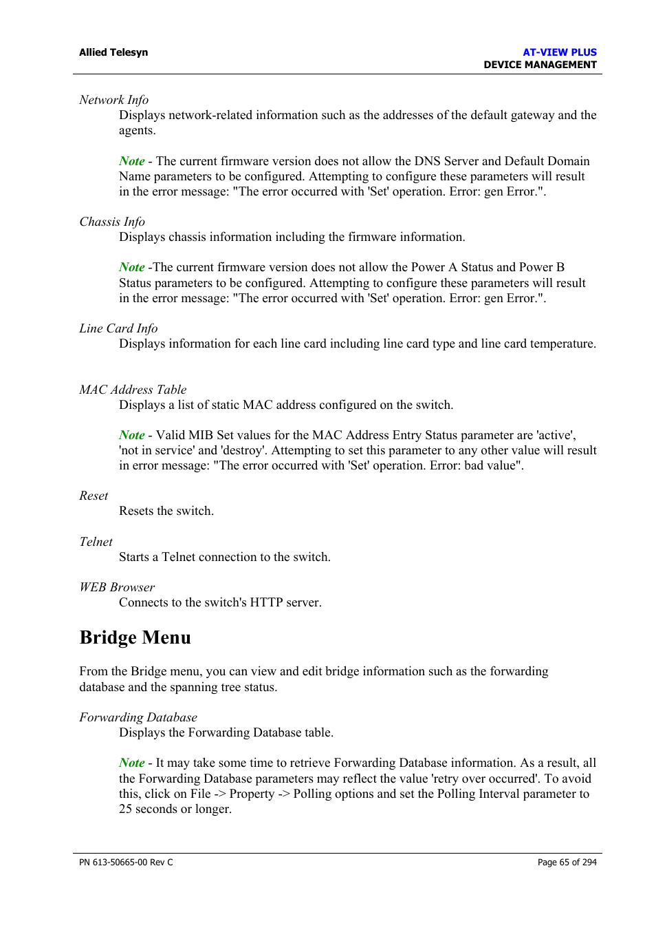 Bridge menu | Allied Telesis AT-VIEW PLUS 3.2 DEVICE MANAGEMENT User Manual | Page 65 / 294