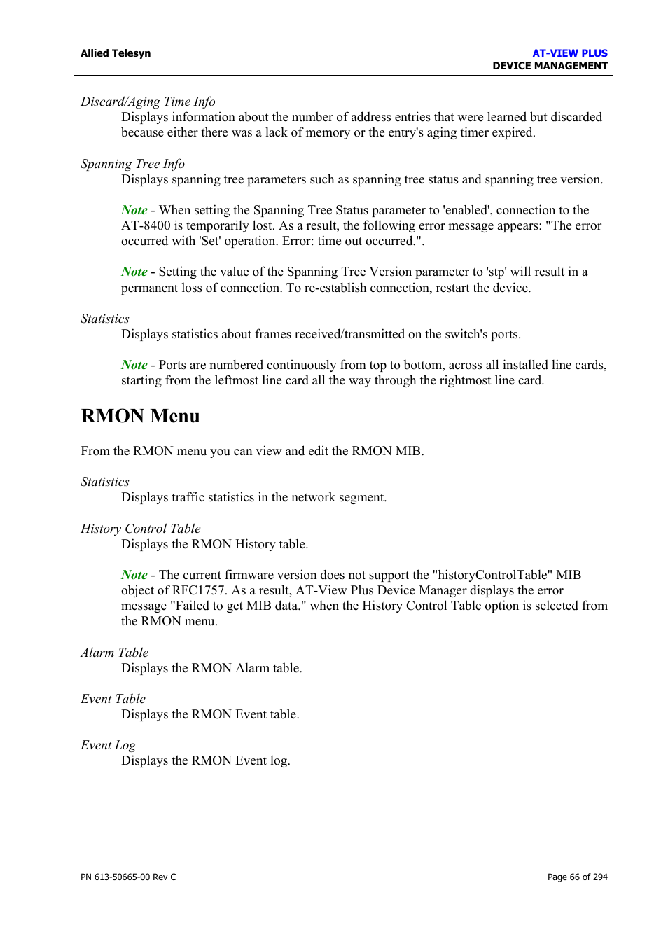 Rmon menu, Port menu | Allied Telesis AT-VIEW PLUS 3.2 DEVICE MANAGEMENT User Manual | Page 66 / 294