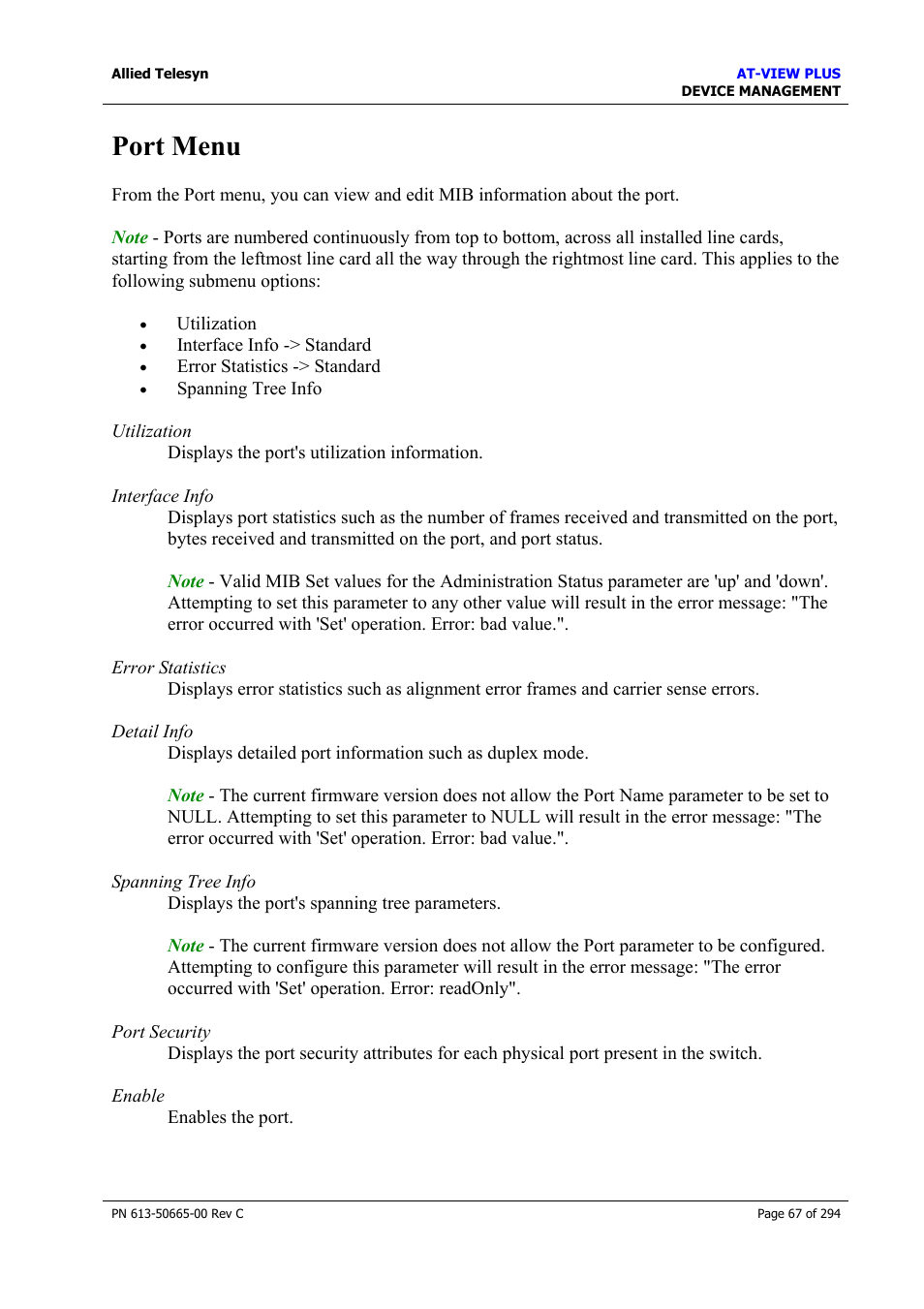 Port menu | Allied Telesis AT-VIEW PLUS 3.2 DEVICE MANAGEMENT User Manual | Page 67 / 294