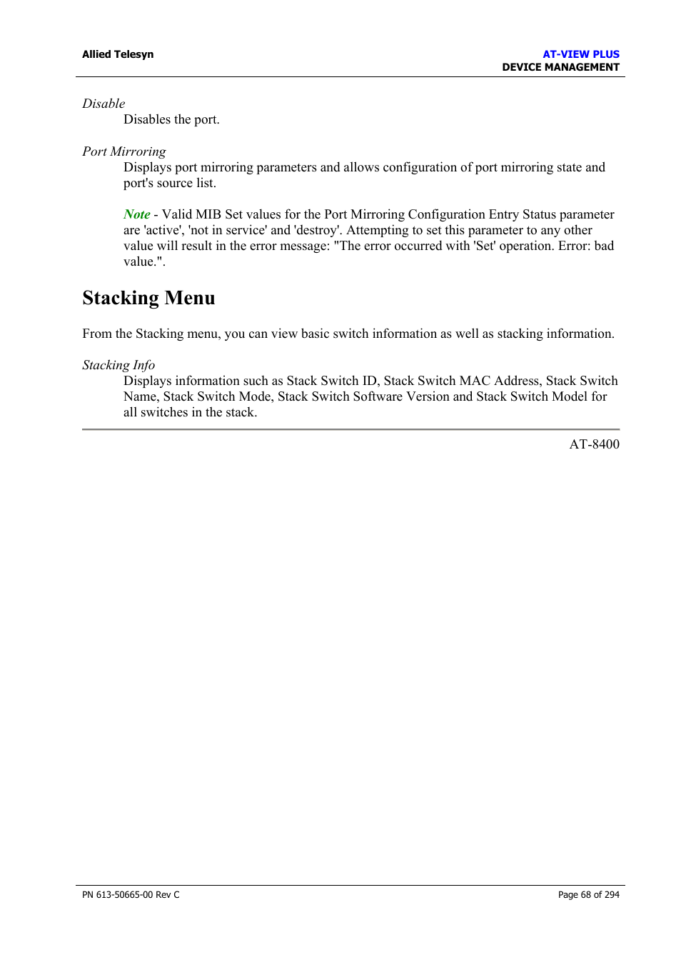 Stacking menu | Allied Telesis AT-VIEW PLUS 3.2 DEVICE MANAGEMENT User Manual | Page 68 / 294