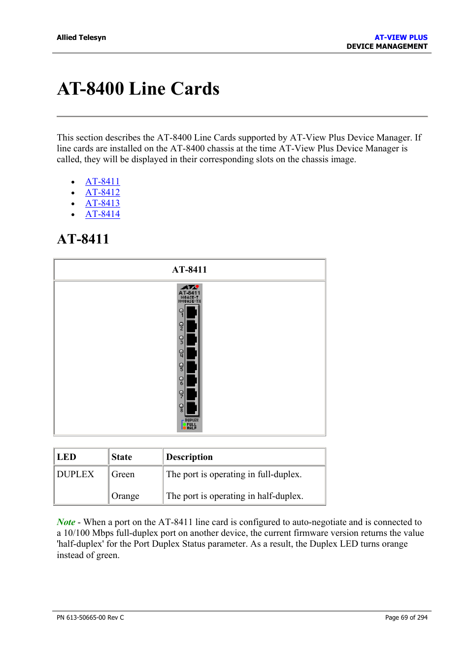 At-8400 line cards, At-8411 | Allied Telesis AT-VIEW PLUS 3.2 DEVICE MANAGEMENT User Manual | Page 69 / 294