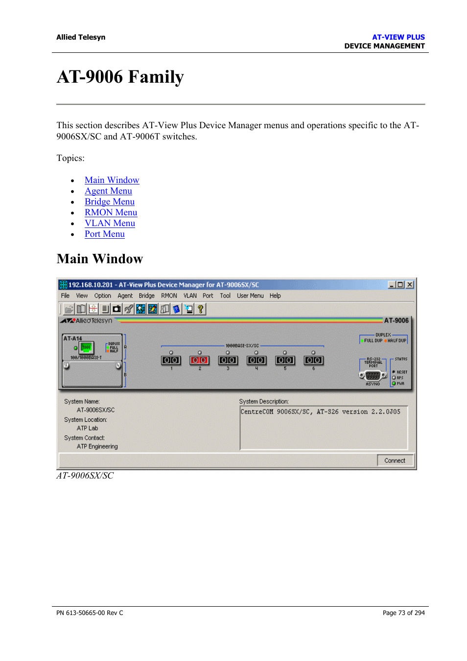At-9006 family, Main window | Allied Telesis AT-VIEW PLUS 3.2 DEVICE MANAGEMENT User Manual | Page 73 / 294