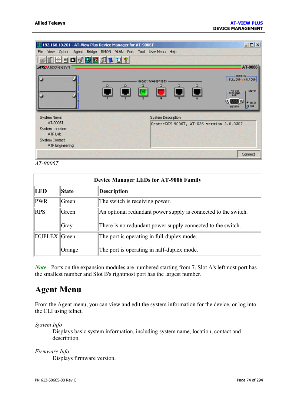 Agent menu | Allied Telesis AT-VIEW PLUS 3.2 DEVICE MANAGEMENT User Manual | Page 74 / 294