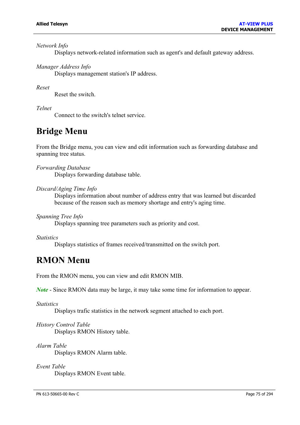 Bridge menu, Rmon menu, Bridge menu rmon menu | Allied Telesis AT-VIEW PLUS 3.2 DEVICE MANAGEMENT User Manual | Page 75 / 294
