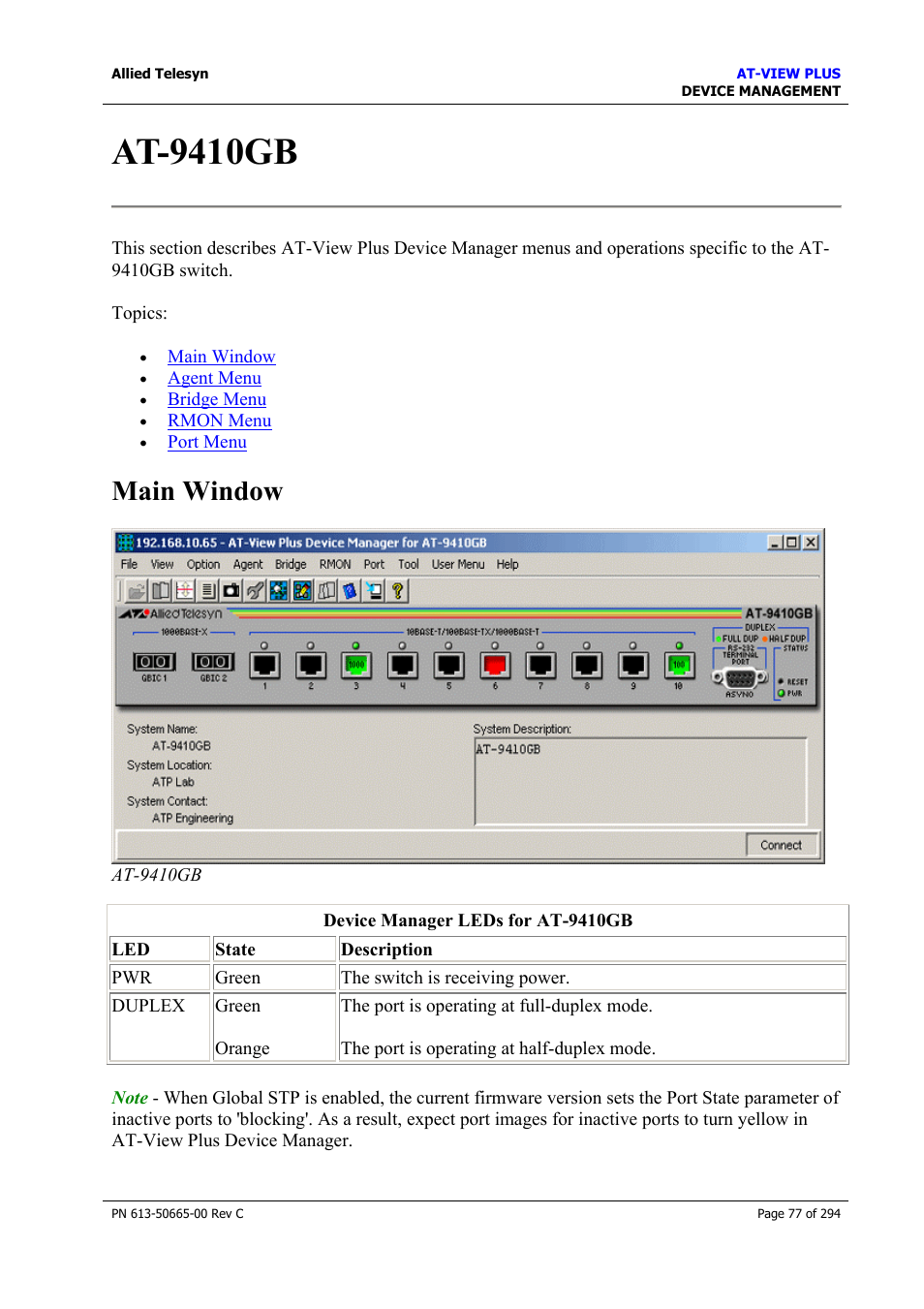 At-9410gb, Main window | Allied Telesis AT-VIEW PLUS 3.2 DEVICE MANAGEMENT User Manual | Page 77 / 294
