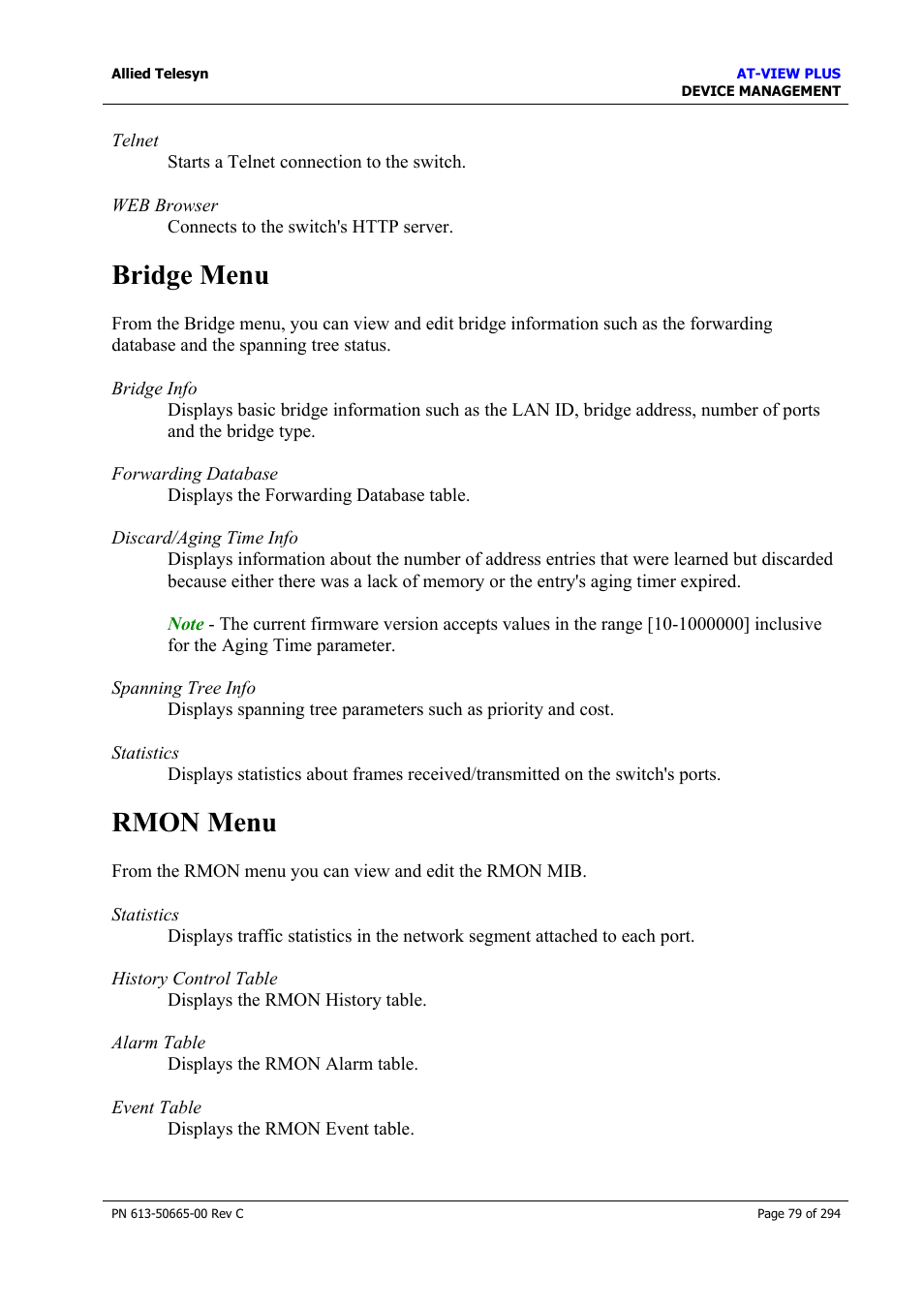 Bridge menu, Rmon menu, Bridge menu rmon menu | Allied Telesis AT-VIEW PLUS 3.2 DEVICE MANAGEMENT User Manual | Page 79 / 294