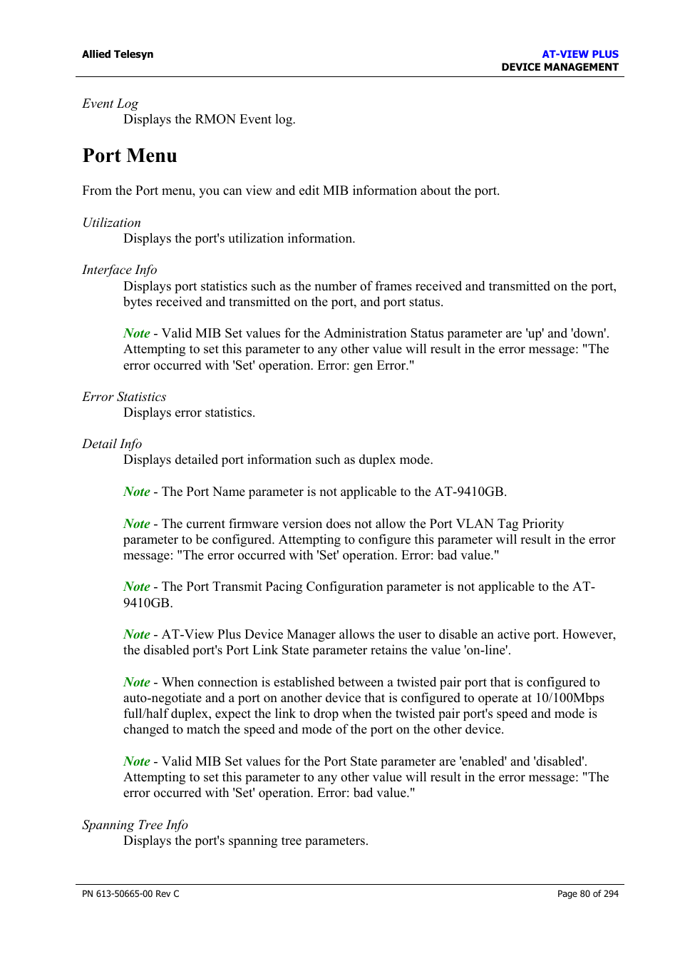 Port menu | Allied Telesis AT-VIEW PLUS 3.2 DEVICE MANAGEMENT User Manual | Page 80 / 294