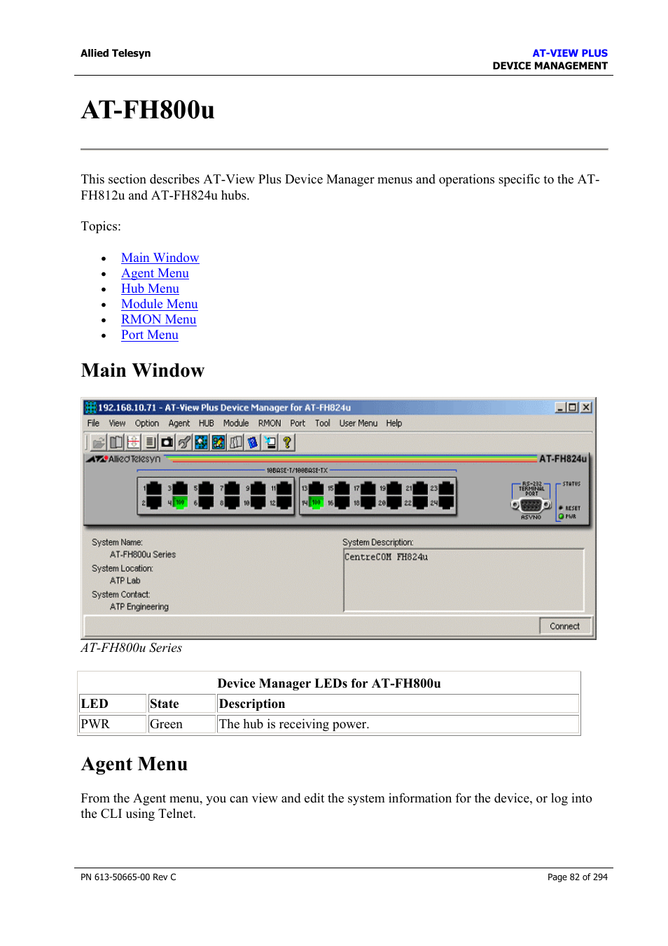 At-fh800u, Main window, Agent menu | Main window agent menu | Allied Telesis AT-VIEW PLUS 3.2 DEVICE MANAGEMENT User Manual | Page 82 / 294