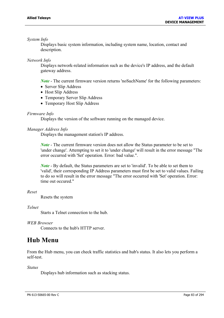 Hub menu | Allied Telesis AT-VIEW PLUS 3.2 DEVICE MANAGEMENT User Manual | Page 83 / 294