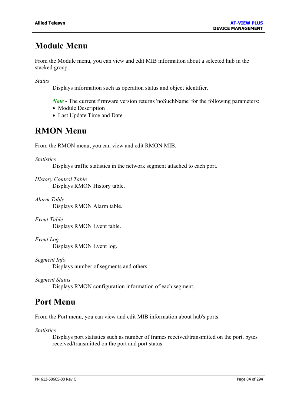 Module menu, Rmon menu, Port menu | Module menu rmon menu port menu | Allied Telesis AT-VIEW PLUS 3.2 DEVICE MANAGEMENT User Manual | Page 84 / 294
