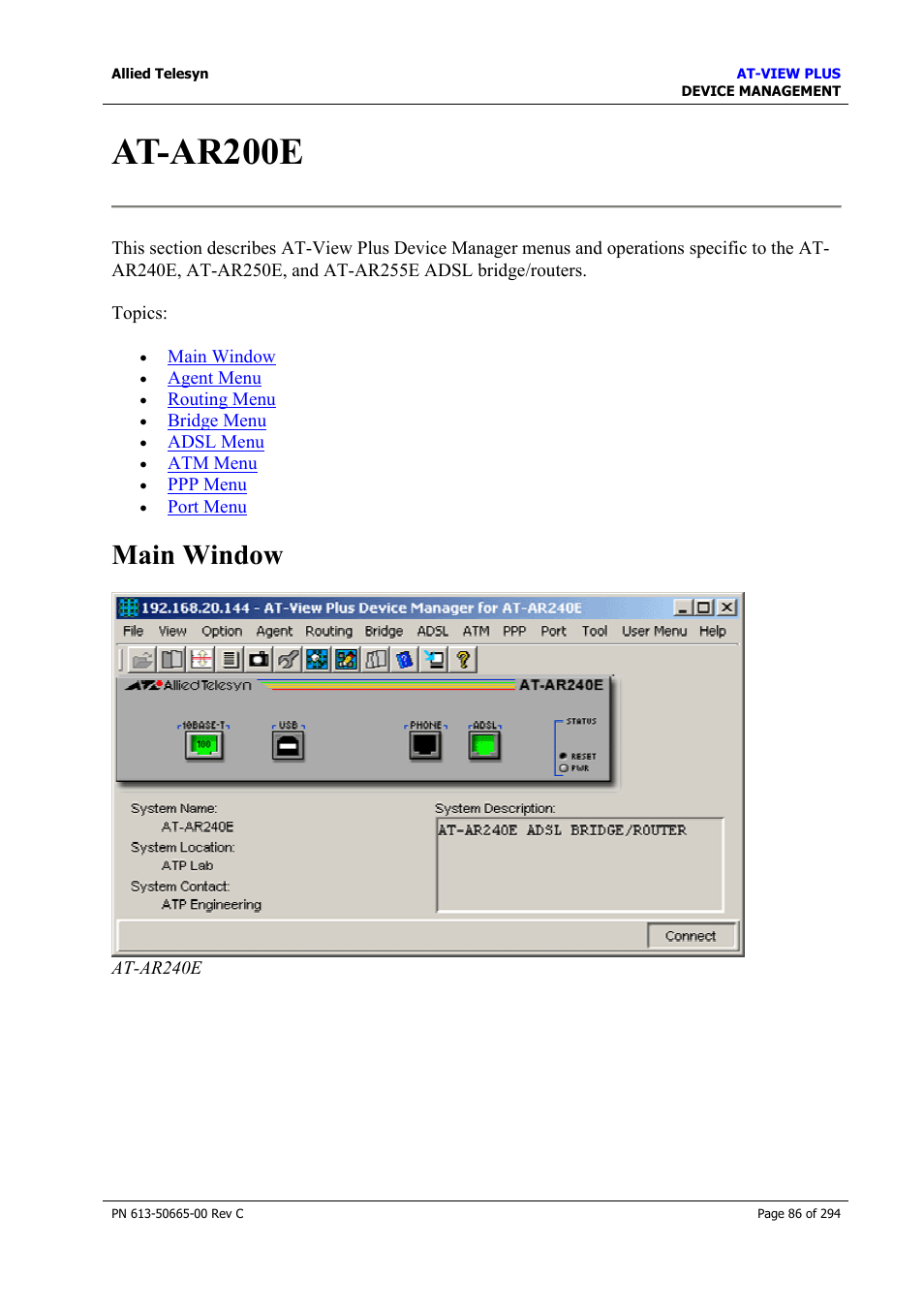 At-ar200e, Main window | Allied Telesis AT-VIEW PLUS 3.2 DEVICE MANAGEMENT User Manual | Page 86 / 294