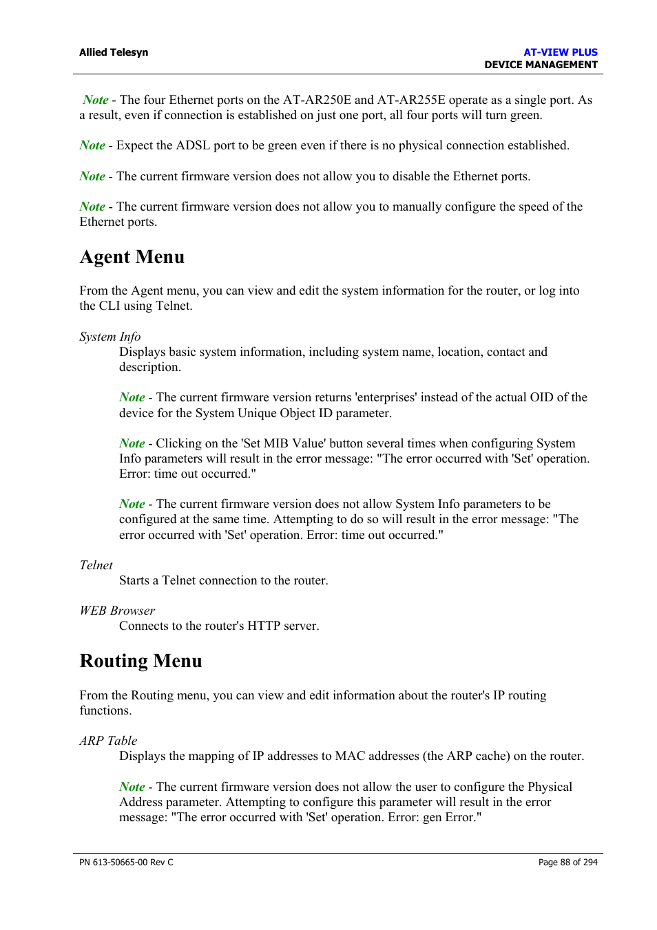 Agent menu, Routing menu, Agent menu routing menu | Allied Telesis AT-VIEW PLUS 3.2 DEVICE MANAGEMENT User Manual | Page 88 / 294