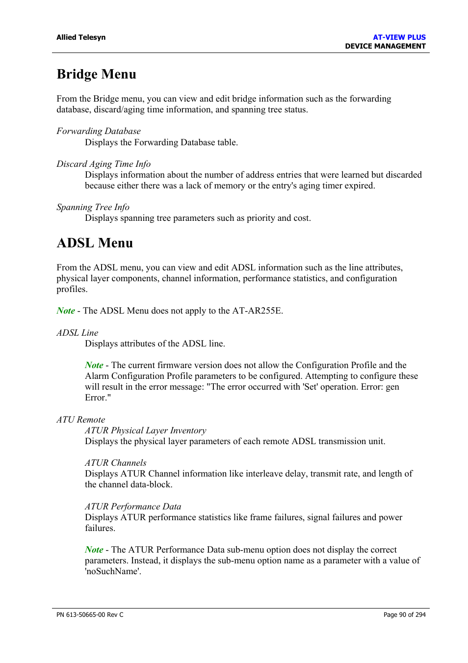 Bridge menu, Adsl menu, Bridge menu adsl menu | Allied Telesis AT-VIEW PLUS 3.2 DEVICE MANAGEMENT User Manual | Page 90 / 294