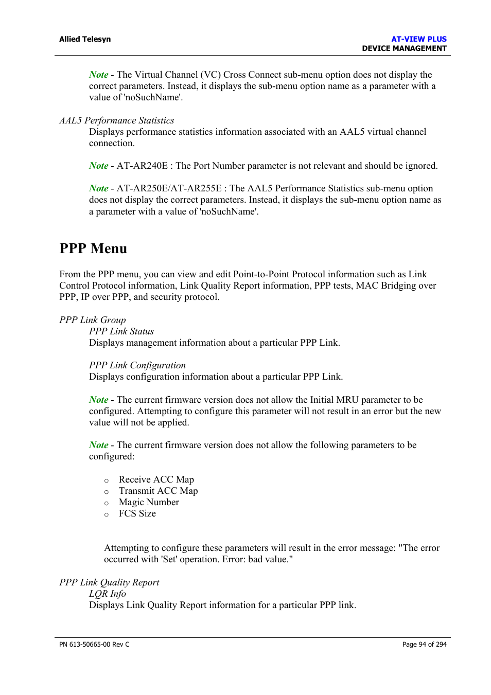 Ppp menu | Allied Telesis AT-VIEW PLUS 3.2 DEVICE MANAGEMENT User Manual | Page 94 / 294