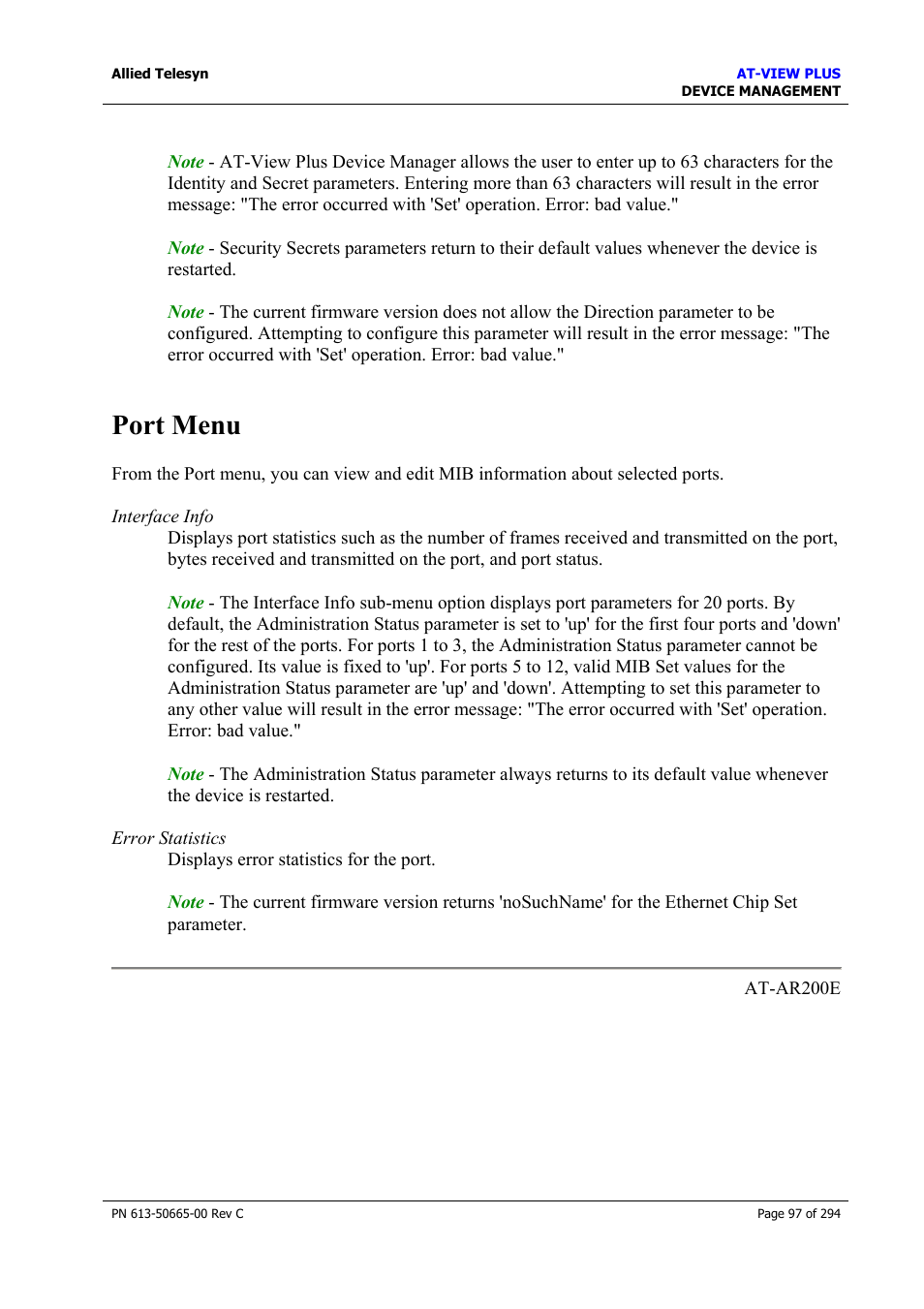 Port menu | Allied Telesis AT-VIEW PLUS 3.2 DEVICE MANAGEMENT User Manual | Page 97 / 294