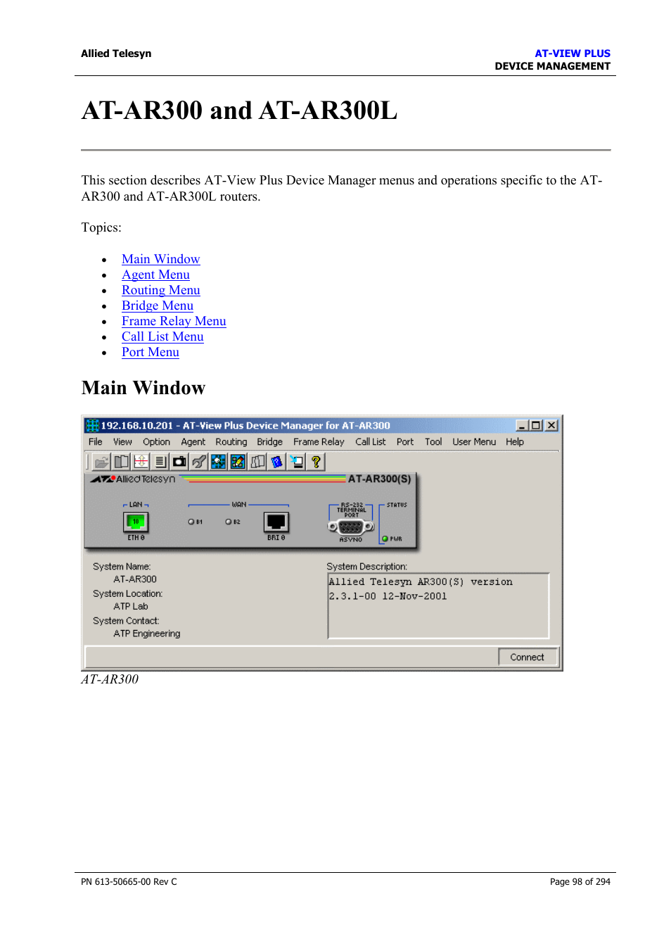 At-ar300 and at-ar300l, Main window | Allied Telesis AT-VIEW PLUS 3.2 DEVICE MANAGEMENT User Manual | Page 98 / 294