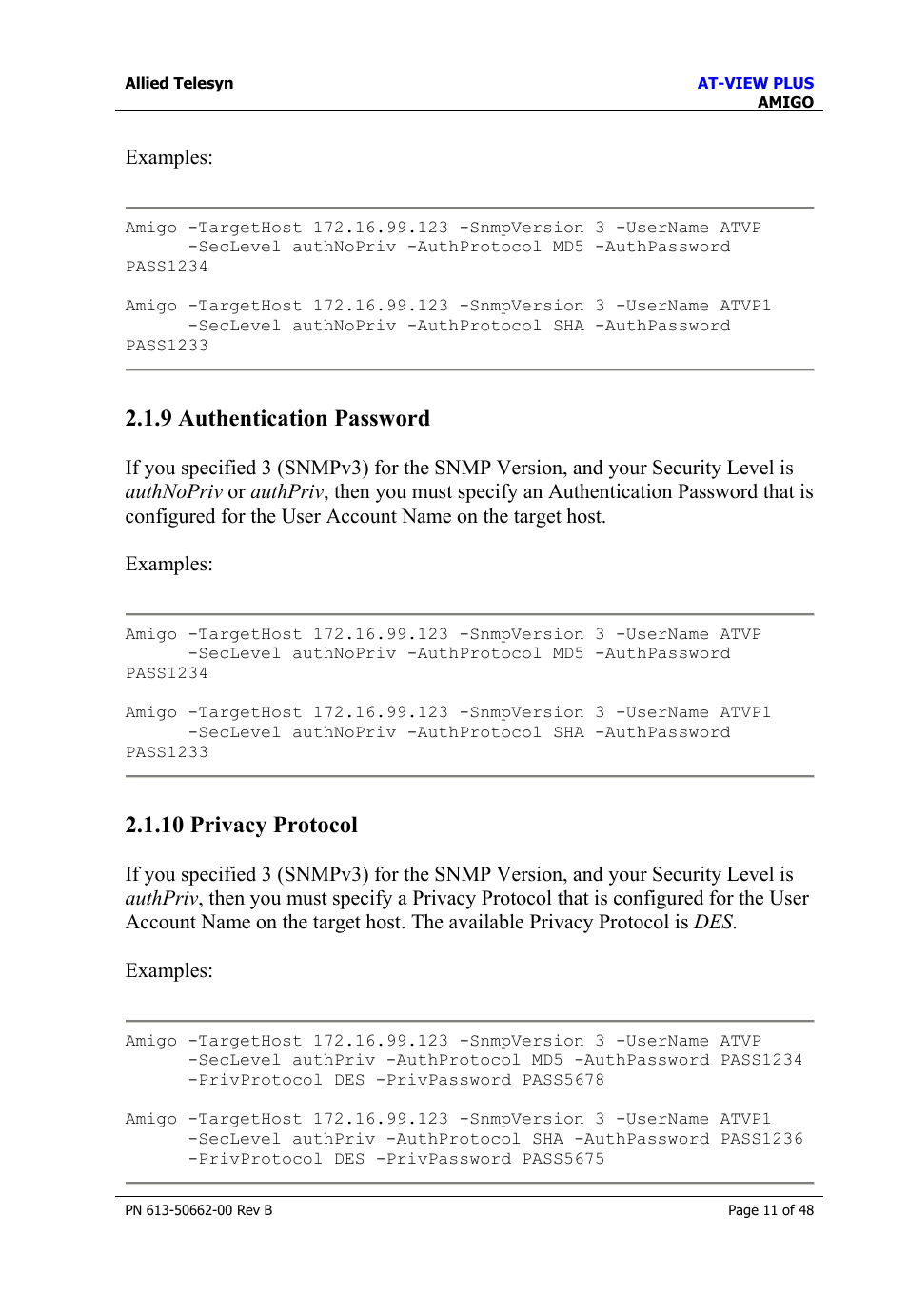 9 authentication password, 10 privacy protocol, 9 authentication password 2.1.10 privacy protocol | Authentication password, Privacy protocol | Allied Telesis AT-VIEW PLUS 3.2 AMIGO User Manual | Page 11 / 48