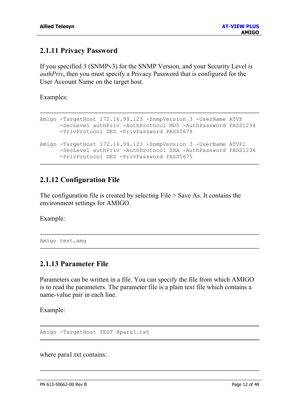 11 privacy password, 12 configuration file, 13 parameter file | Privacy password, Configuration file, Parameter file | Allied Telesis AT-VIEW PLUS 3.2 AMIGO User Manual | Page 12 / 48