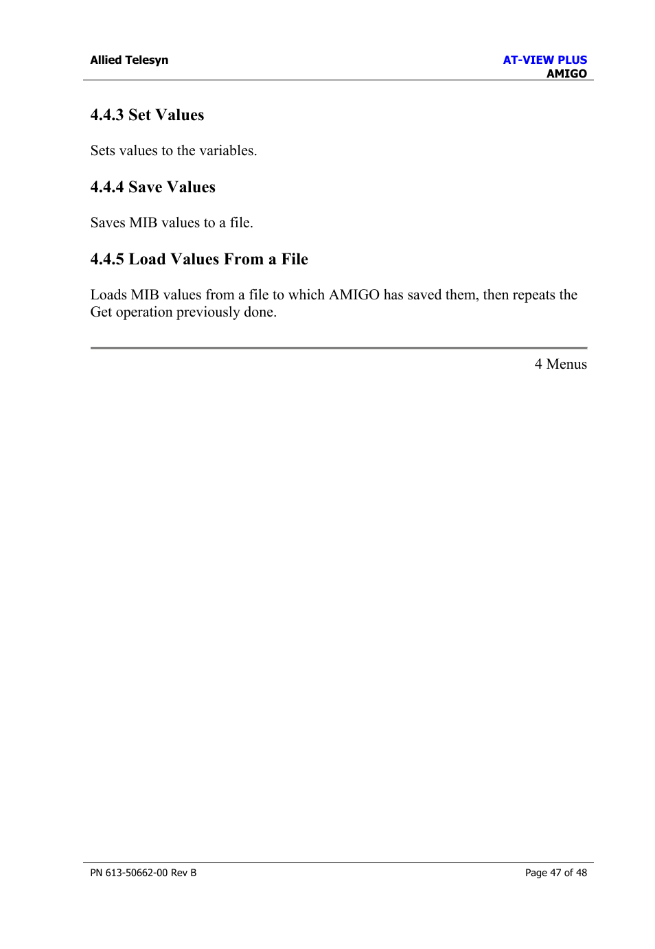 3 set values, 4 save values, 5 load values from a file | Set values, Save values, Load values from a file | Allied Telesis AT-VIEW PLUS 3.2 AMIGO User Manual | Page 47 / 48