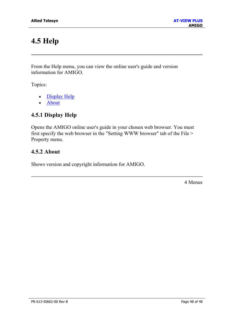 5 help, 1 display help, 2 about | 1 display help 4.5.2 about, Help | Allied Telesis AT-VIEW PLUS 3.2 AMIGO User Manual | Page 48 / 48