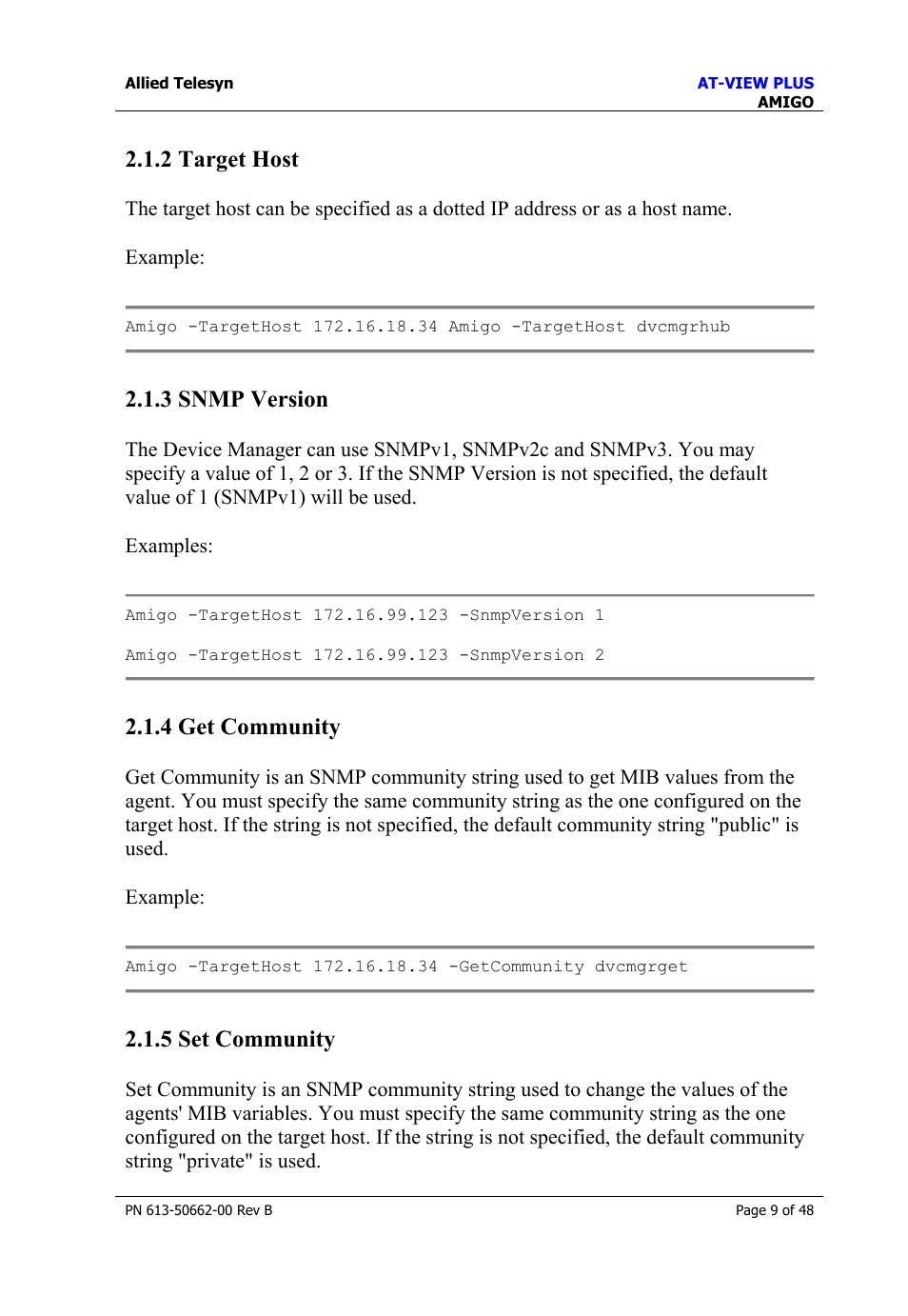 2 target host, 3 snmp version, 4 get community | 5 set community, Target host, Snmp version, Get community, Set community | Allied Telesis AT-VIEW PLUS 3.2 AMIGO User Manual | Page 9 / 48