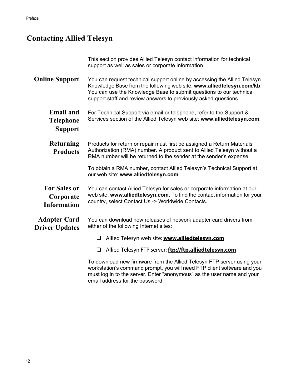 Contacting allied telesyn, Online support, Email and telephone support | Returning products, For sales or corporate information, Adapter card driver updates | Allied Telesis AT-2746FX User Manual | Page 12 / 238
