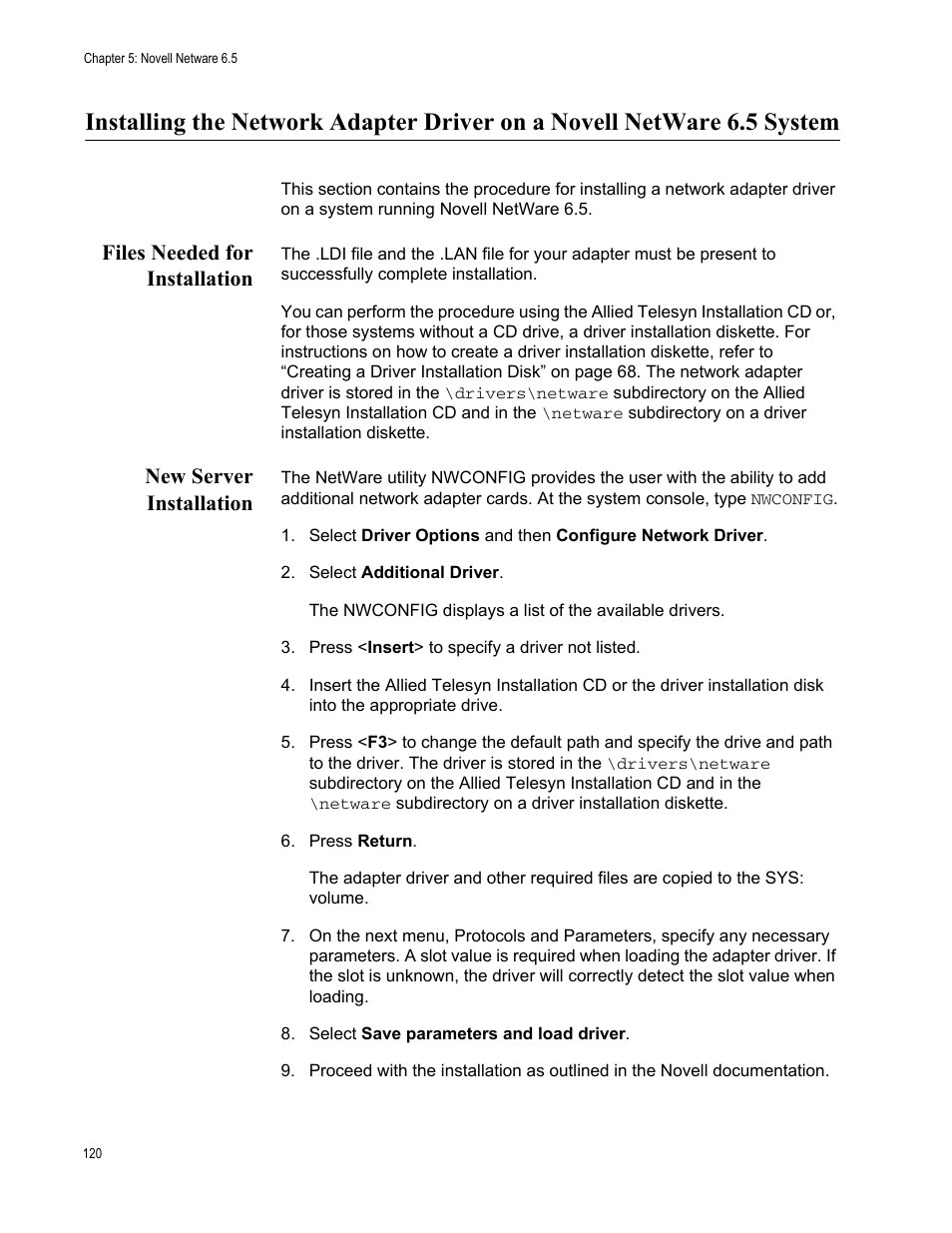 Files needed for installation, New server installation | Allied Telesis AT-2746FX User Manual | Page 120 / 238