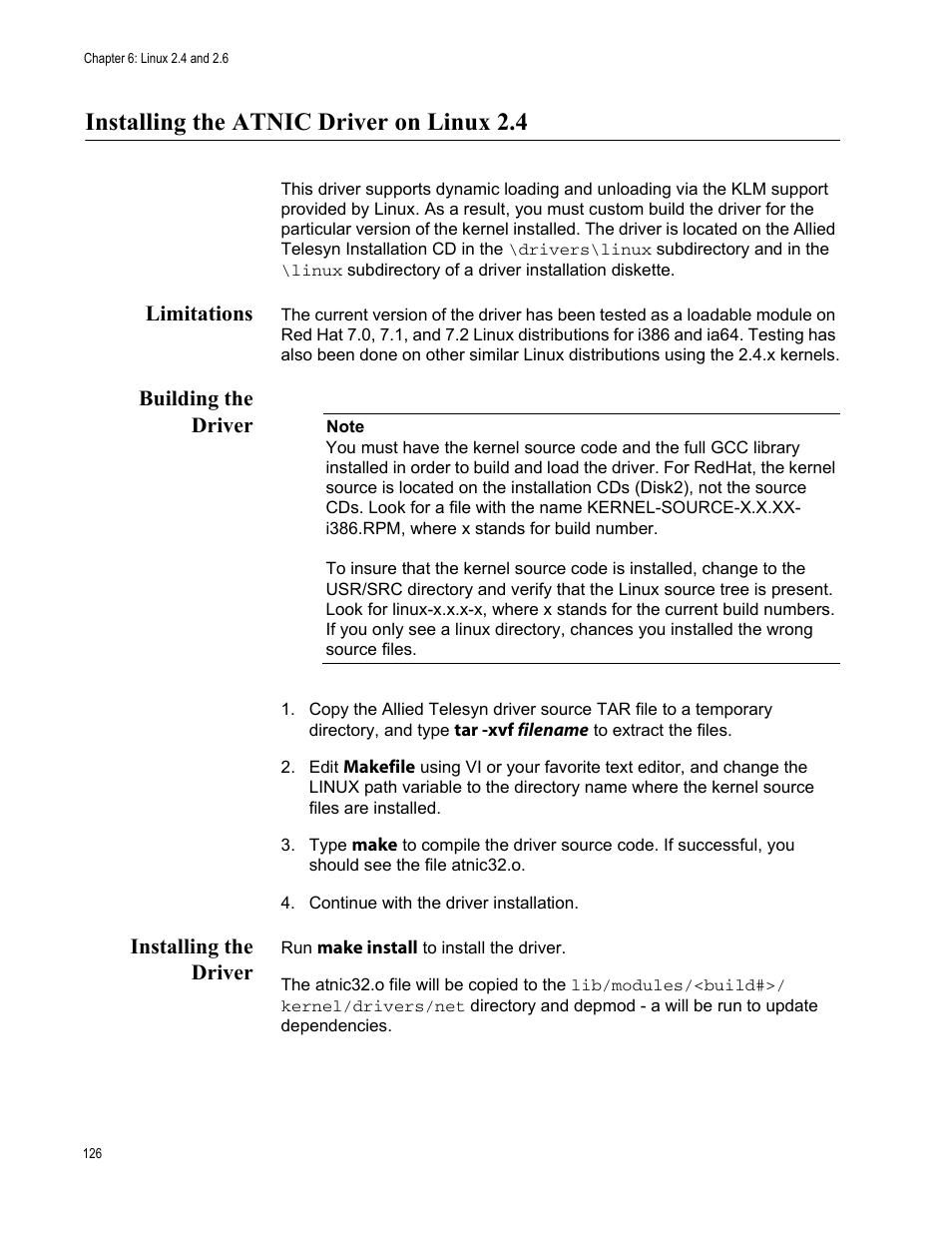 Installing the atnic driver on linux 2.4, Limitations, Building the driver | Installing the driver | Allied Telesis AT-2746FX User Manual | Page 126 / 238