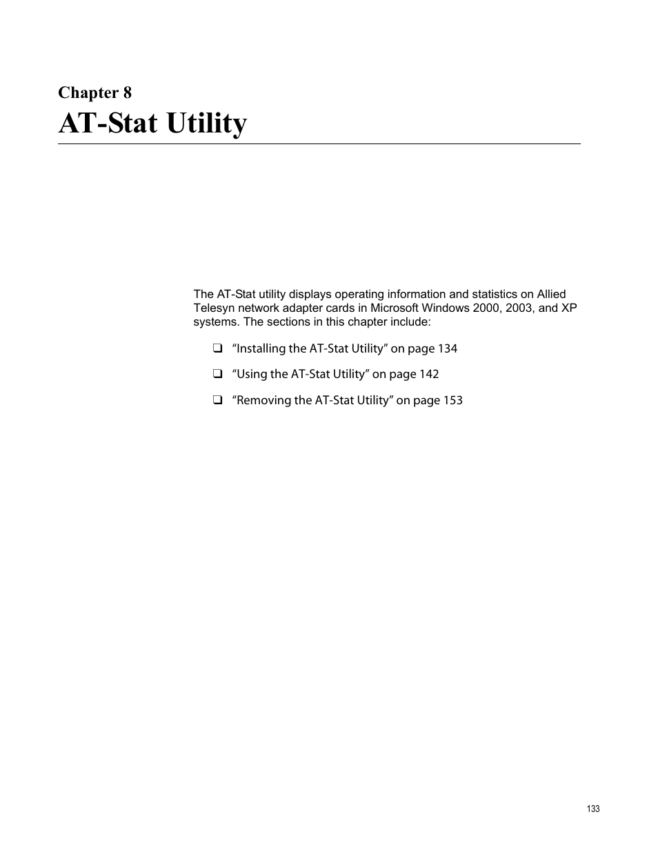 Chapter 8, At-stat utility, Chapter 8: at-stat utility | Allied Telesis AT-2746FX User Manual | Page 133 / 238
