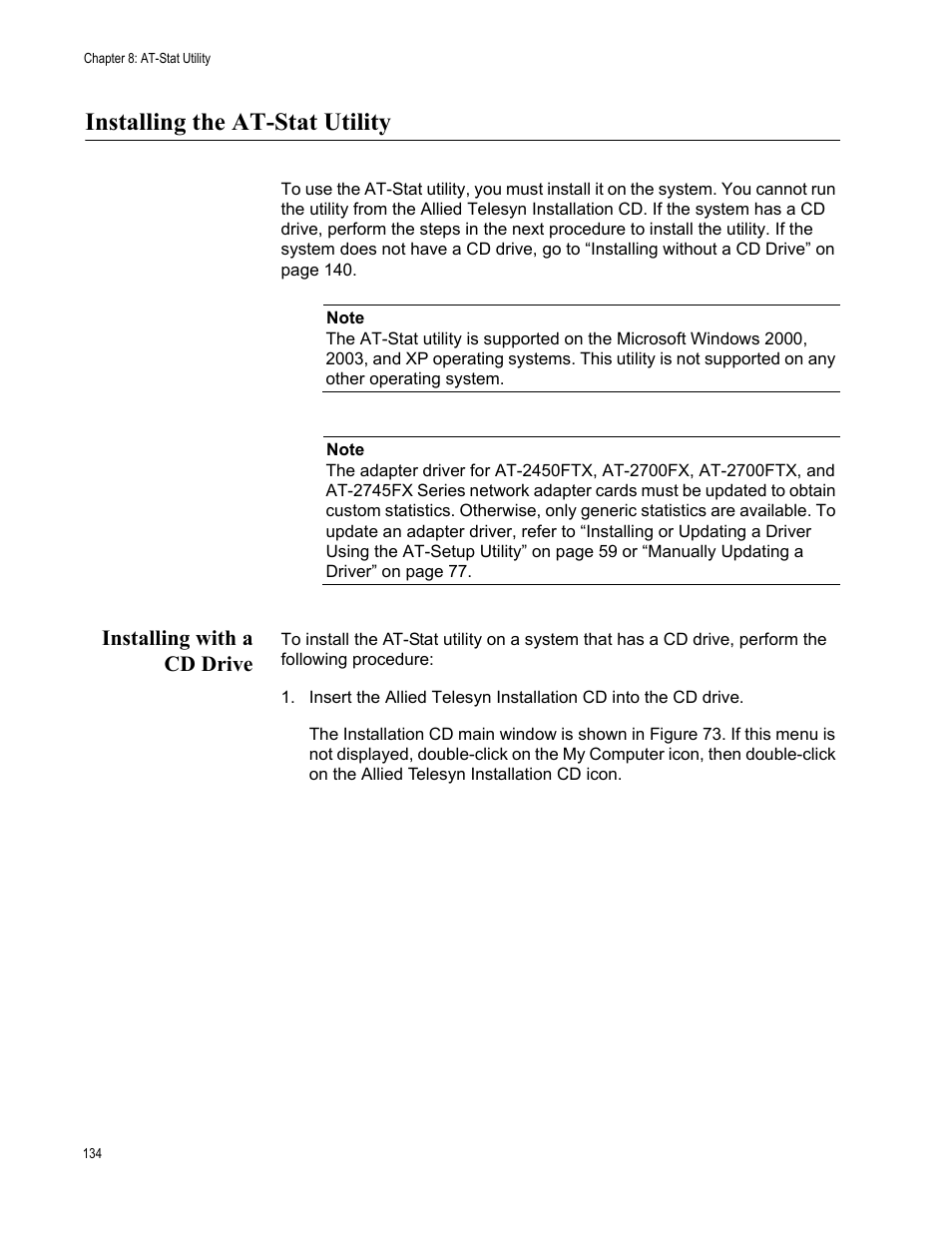 Installing the at-stat utility, Installing with a cd drive | Allied Telesis AT-2746FX User Manual | Page 134 / 238
