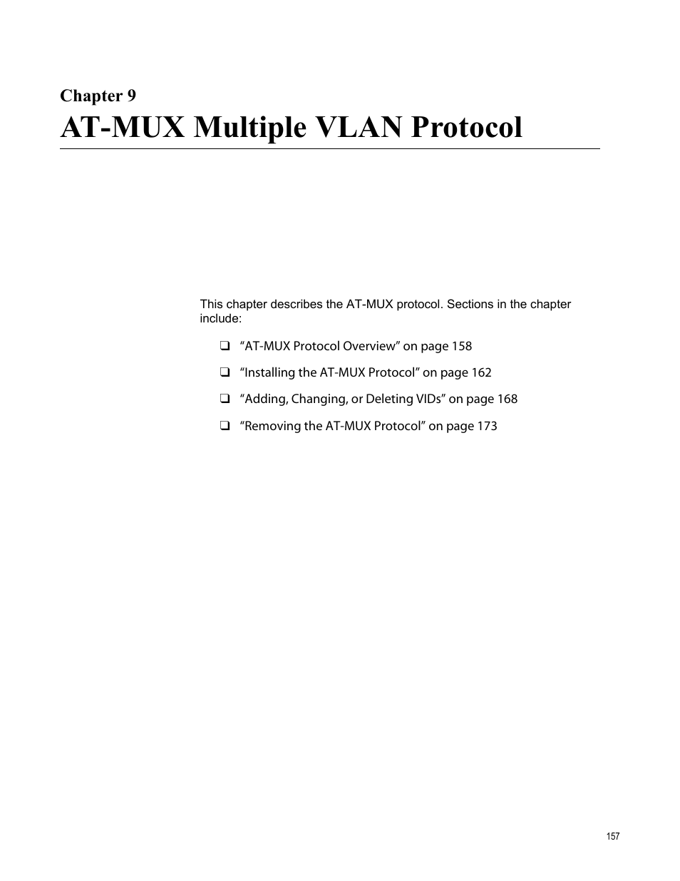 Chapter 9, At-mux multiple vlan protocol, Chapter 9: at-mux multiple vlan protocol | Allied Telesis AT-2746FX User Manual | Page 157 / 238