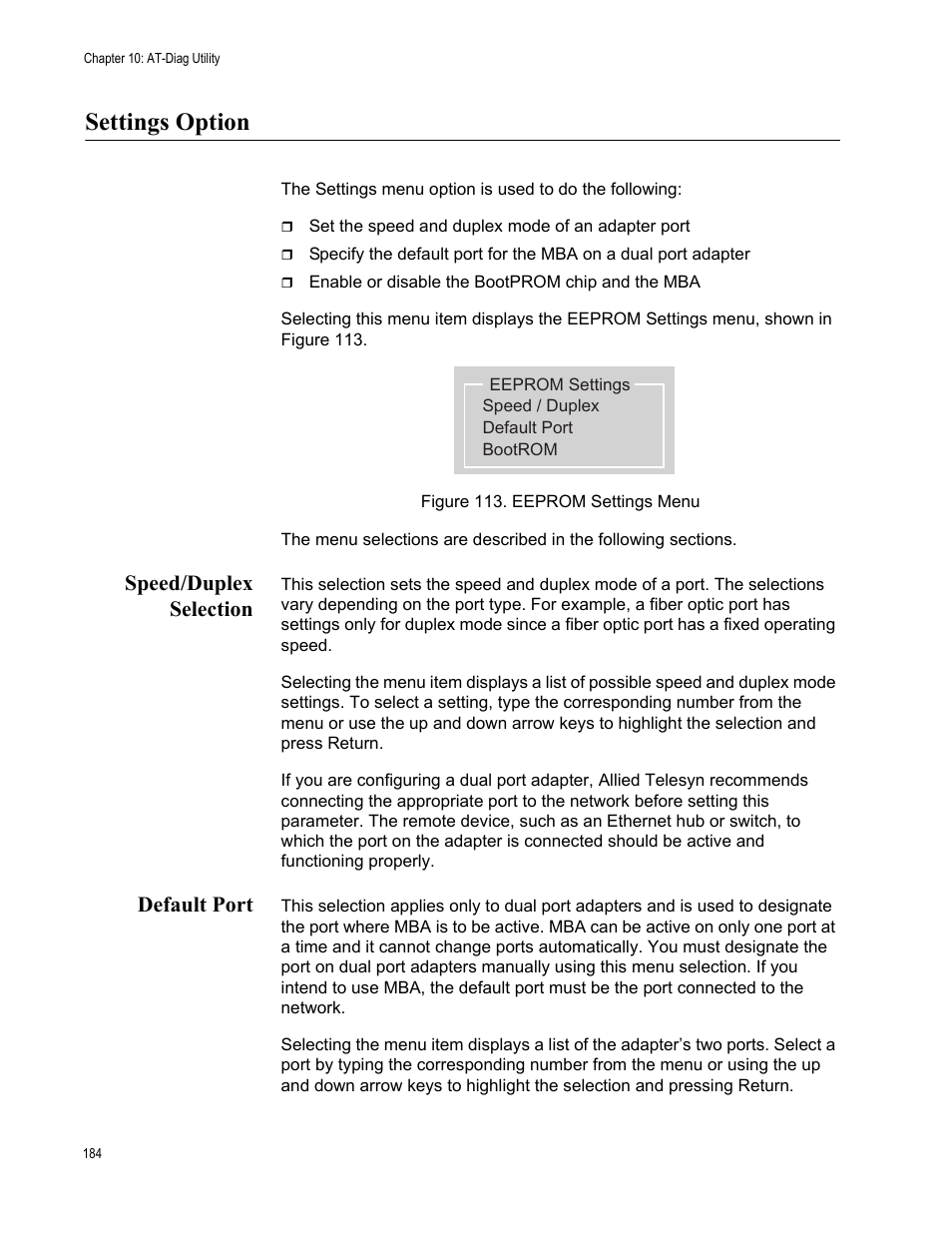 Settings option, Speed/duplex selection, Default port | Speed/duplex selection default port | Allied Telesis AT-2746FX User Manual | Page 184 / 238