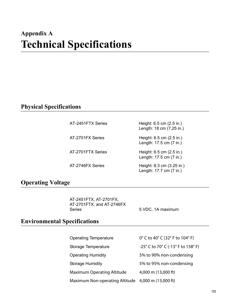 Appendix a, Technical specifications, Physical specifications | Operating voltage, Environmental specifications, Appendix a: technical specifications | Allied Telesis AT-2746FX User Manual | Page 193 / 238
