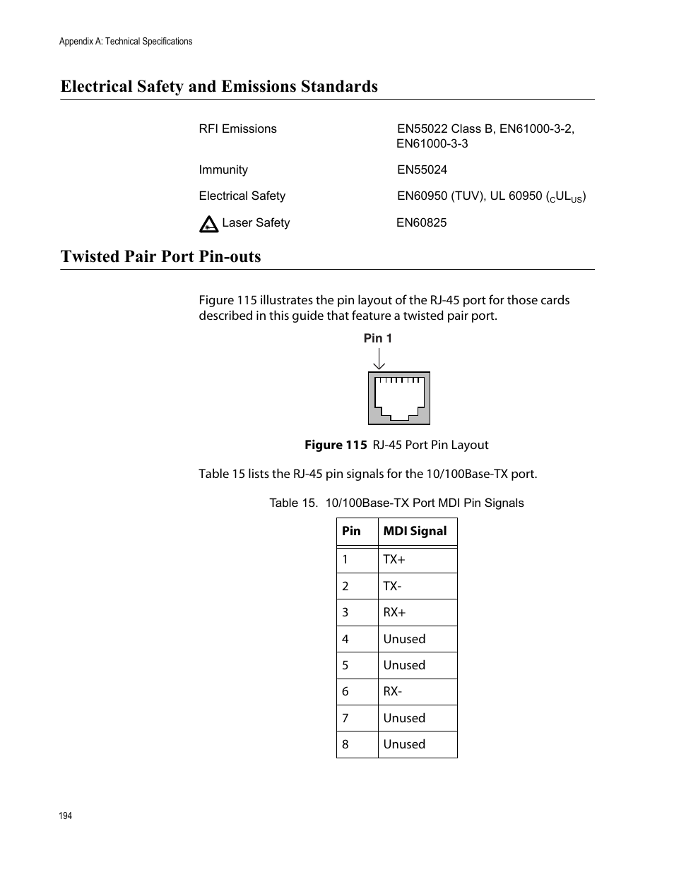 Electrical safety and emissions standards, Twisted pair port pin-outs | Allied Telesis AT-2746FX User Manual | Page 194 / 238