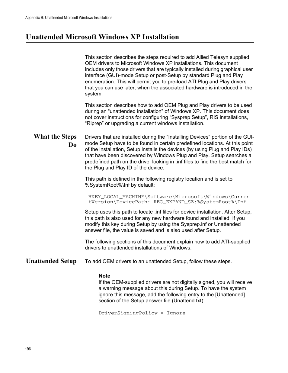 Unattended microsoft windows xp installation, What the steps do, Unattended setup | What the steps do unattended setup | Allied Telesis AT-2746FX User Manual | Page 196 / 238