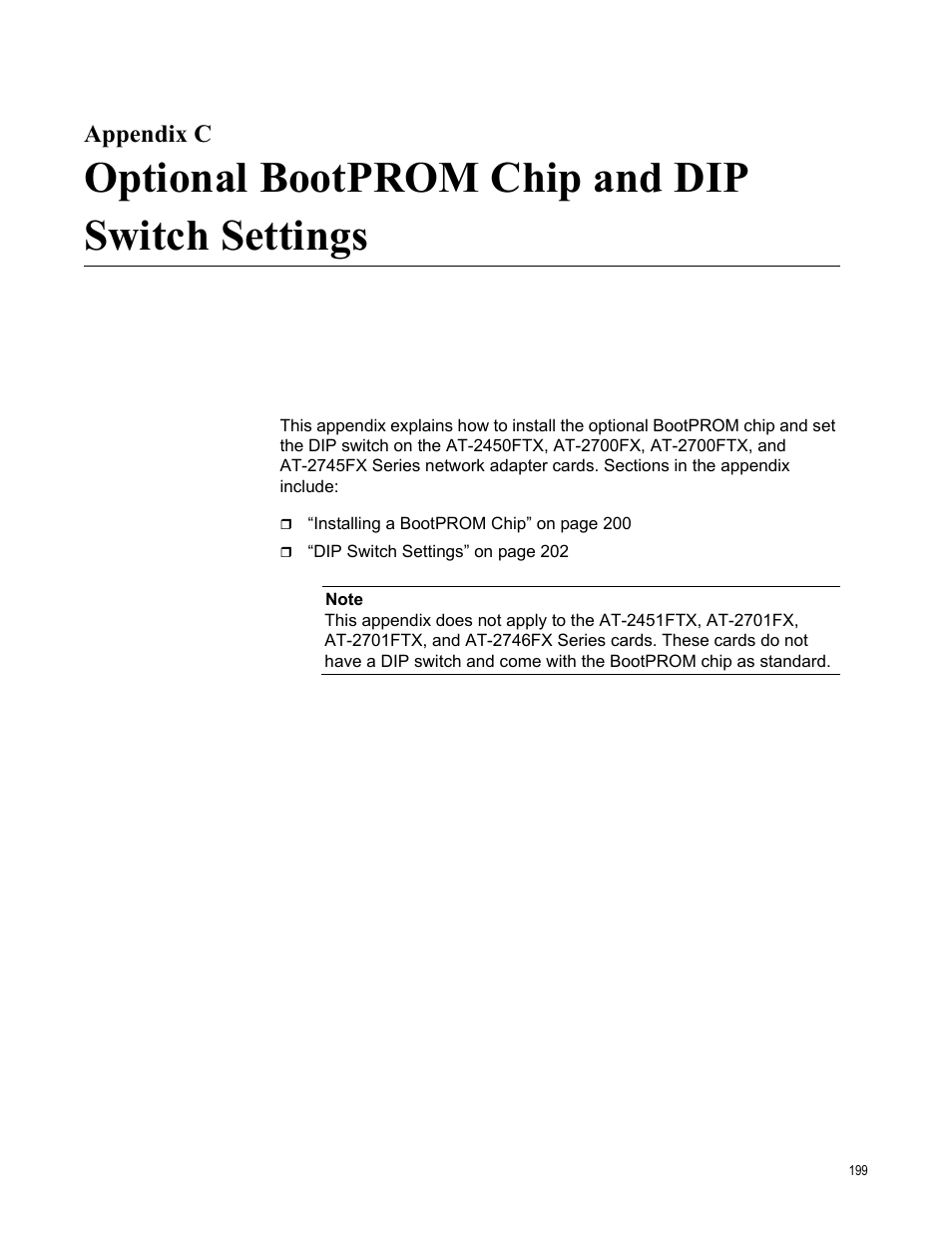 Appendix c, Optional bootprom chip and dip switch settings | Allied Telesis AT-2746FX User Manual | Page 199 / 238